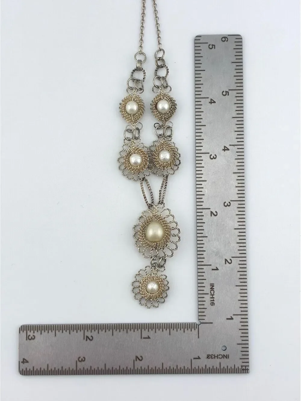 Vintage Gold Tone Filigree and Faux Baroque Pearl Necklace 18